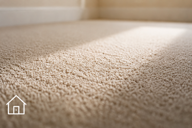 Close-up of a beige carpeted floor with sunlight and shadow.