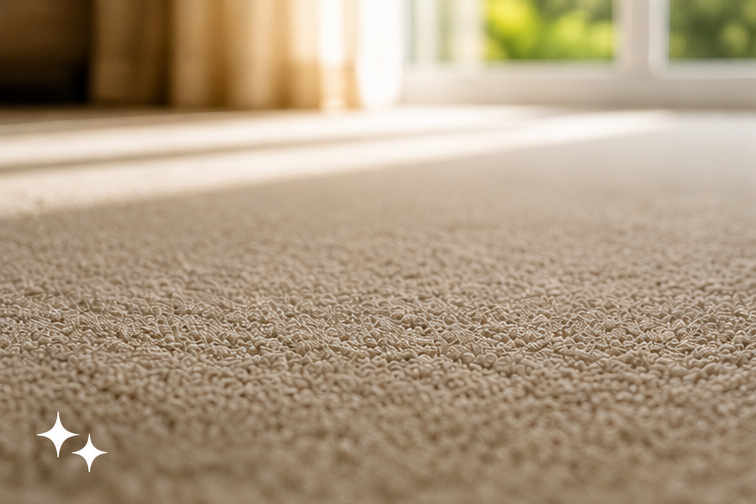 Close-up of a beige carpeted floor with sunlight coming through a window in the background.