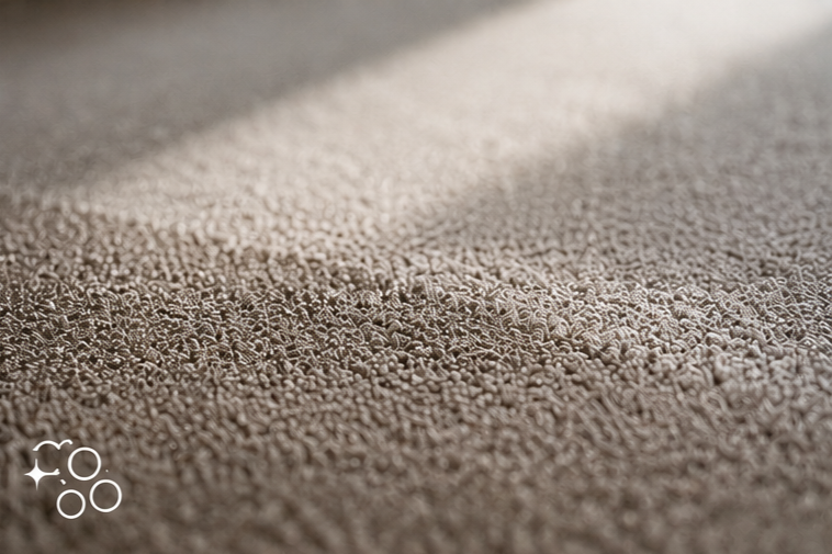 Close-up view of a textured, beige carpet with sunlight shining on it.