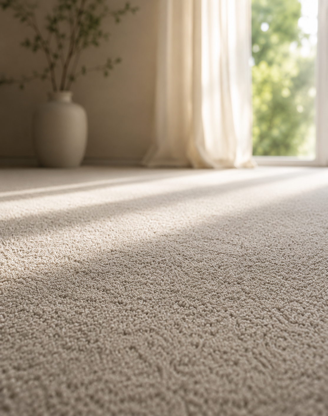 Close-up view of a beige carpeted floor near a window with curtains, with a vase holding branches on the left side and sunlight casting shadows.