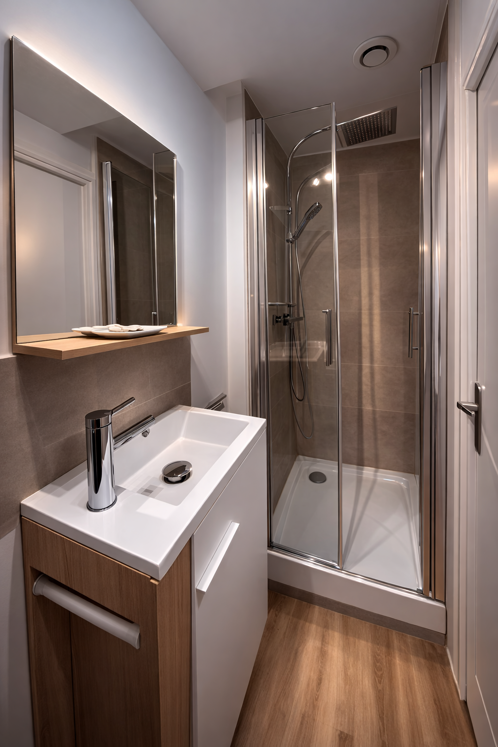 Petite salle de bain moderne avec lavabo blanc en bois clair, miroir, douche avec porte en verre, et murs en carrelage beige.