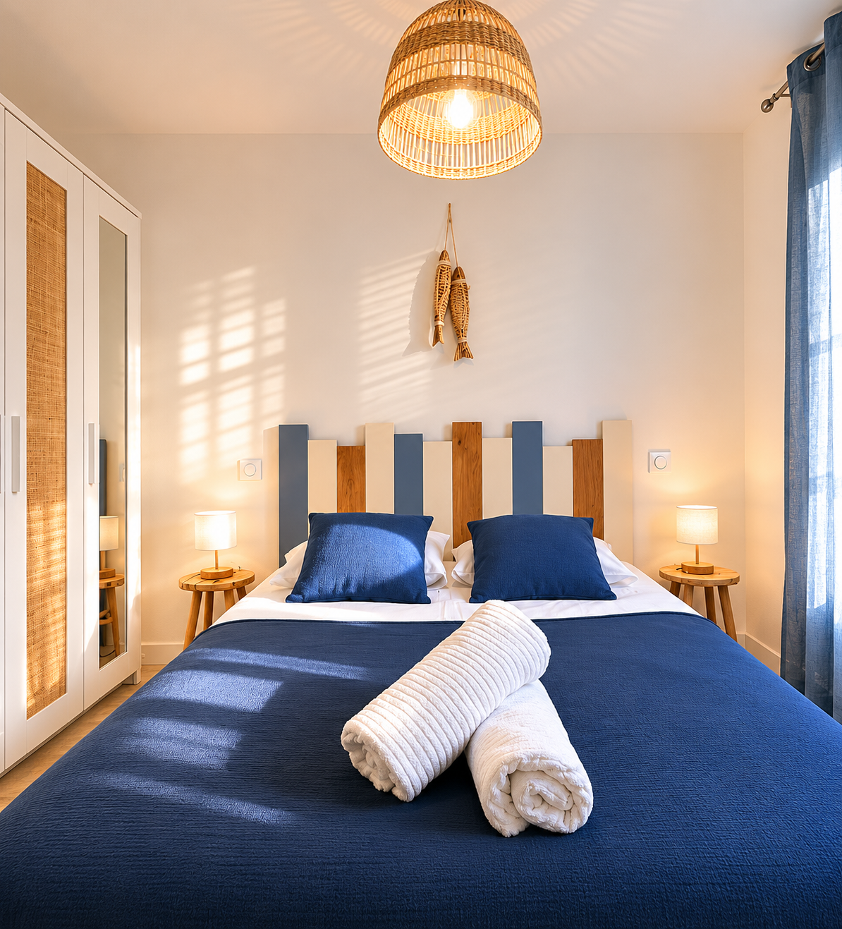 Chambre moderne avec lit queen-size, deux oreillers bleus, drap bleu, deux lampes de chevet en bois, un fauteuil en bois, un placard avec portes en rotin, décoration en bois en forme de poissons sur le mur, rideaux bleus, éclairage chaud