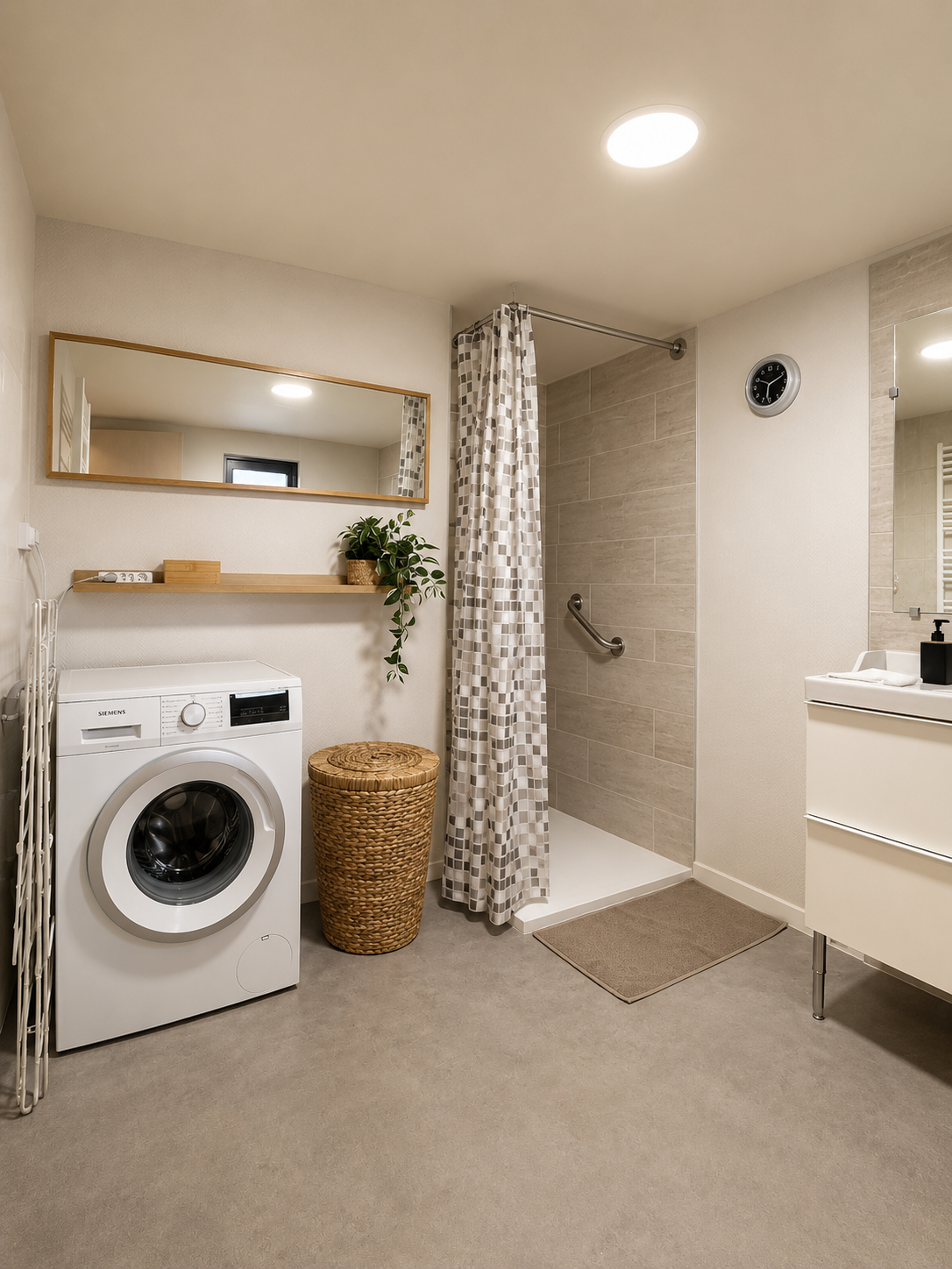 Une salle de bain avec une machine à laver Siemens, un panier en osier, un grand miroir, une étagère avec une plante, une douche avec une barre d'appui, un tapis, un meuble avec un lavabo et un miroir, un plafond avec un luminaire et une horloge