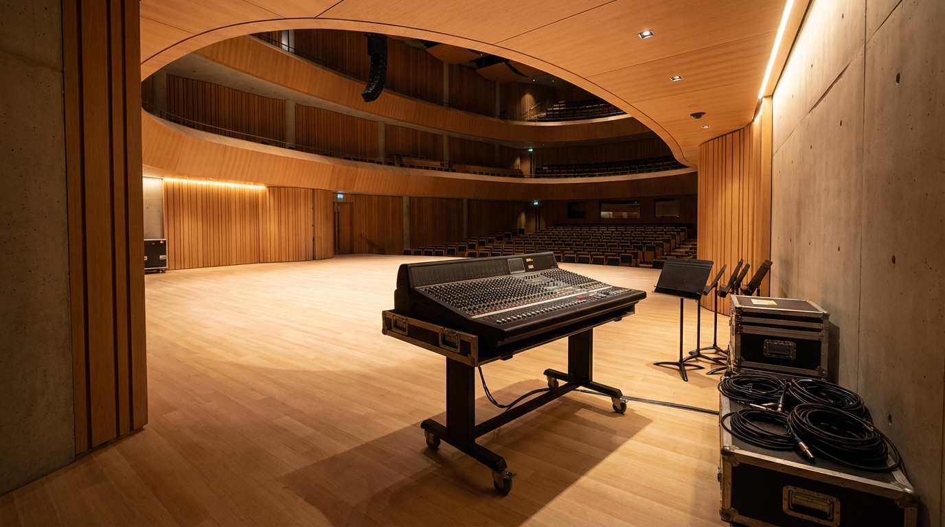 Empty concert hall stage with audio mixing console, music stands, and cables.
