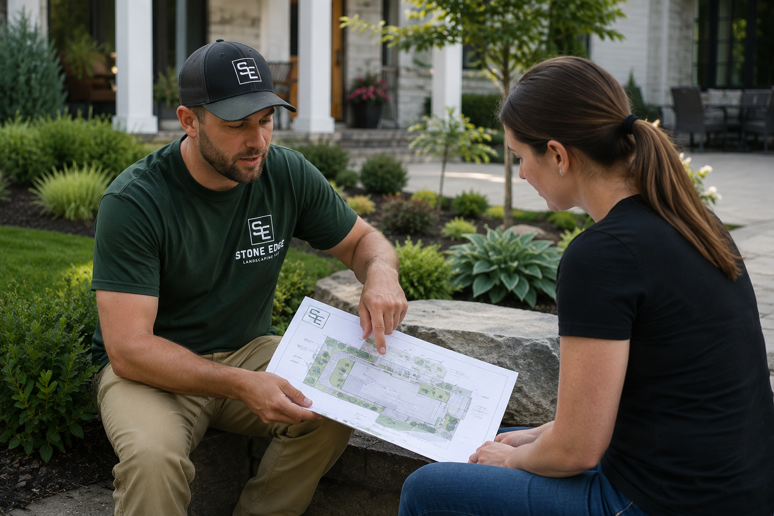 Two people sitting outdoors, looking at a landscape design plan, with garden and house in the background.
