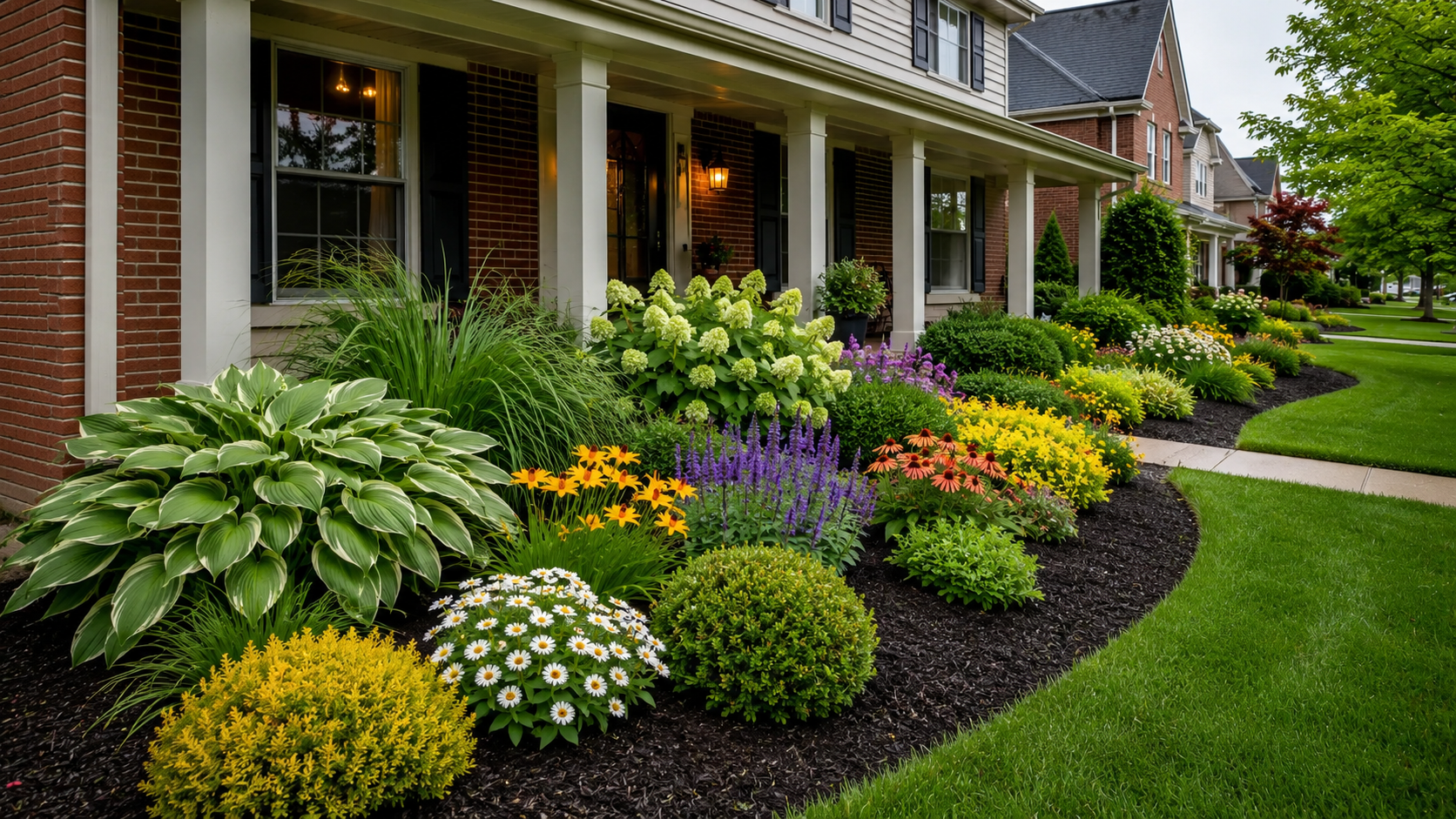 A suburban front yard with a well-maintained flower garden, green grass, and a sidewalk. The garden contains colorful blooming flowers and lush green foliage in front of a row of houses.