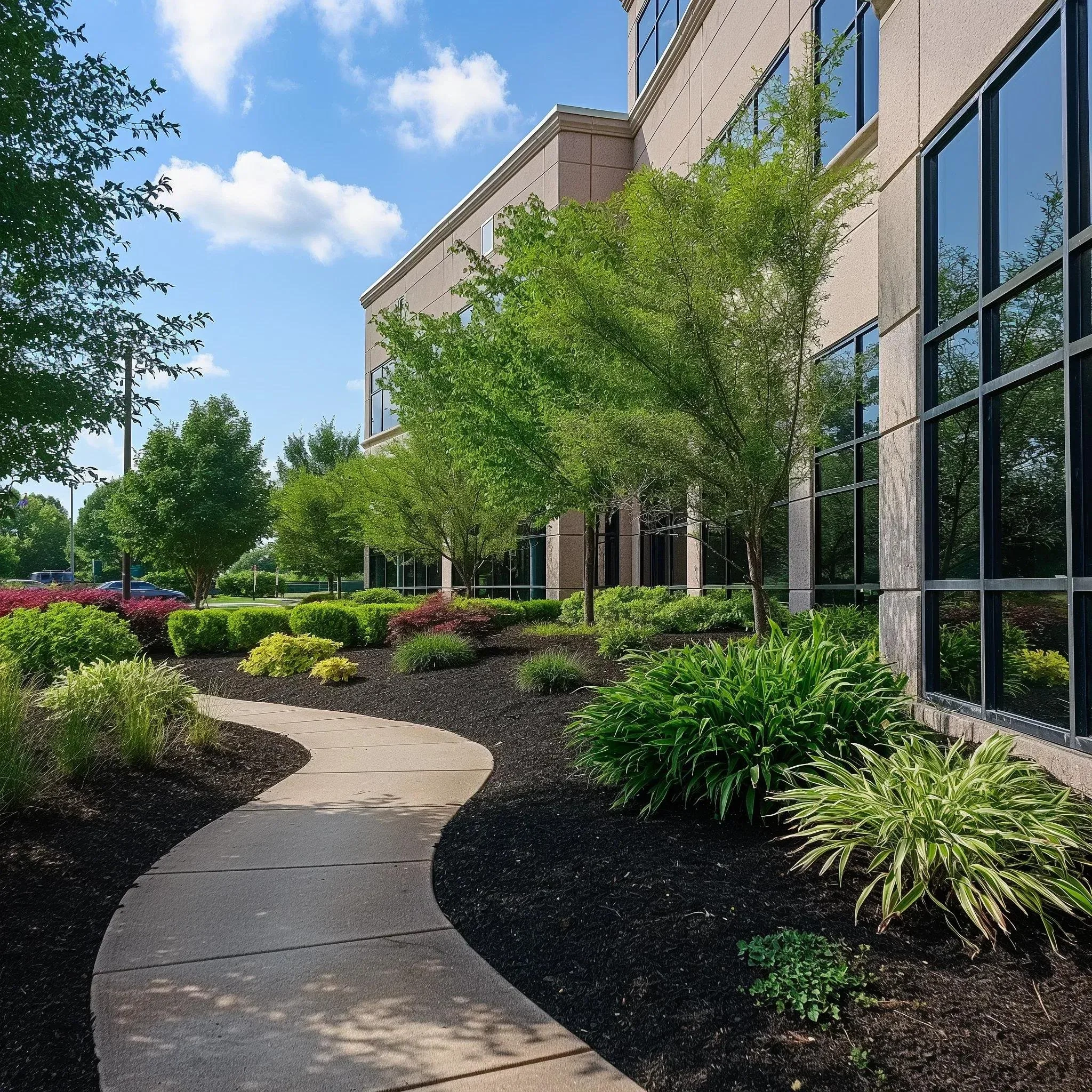 A building with large blue-tinted windows, a sidewalk, and a landscaped area with green plants and trees under a partly cloudy sky.
