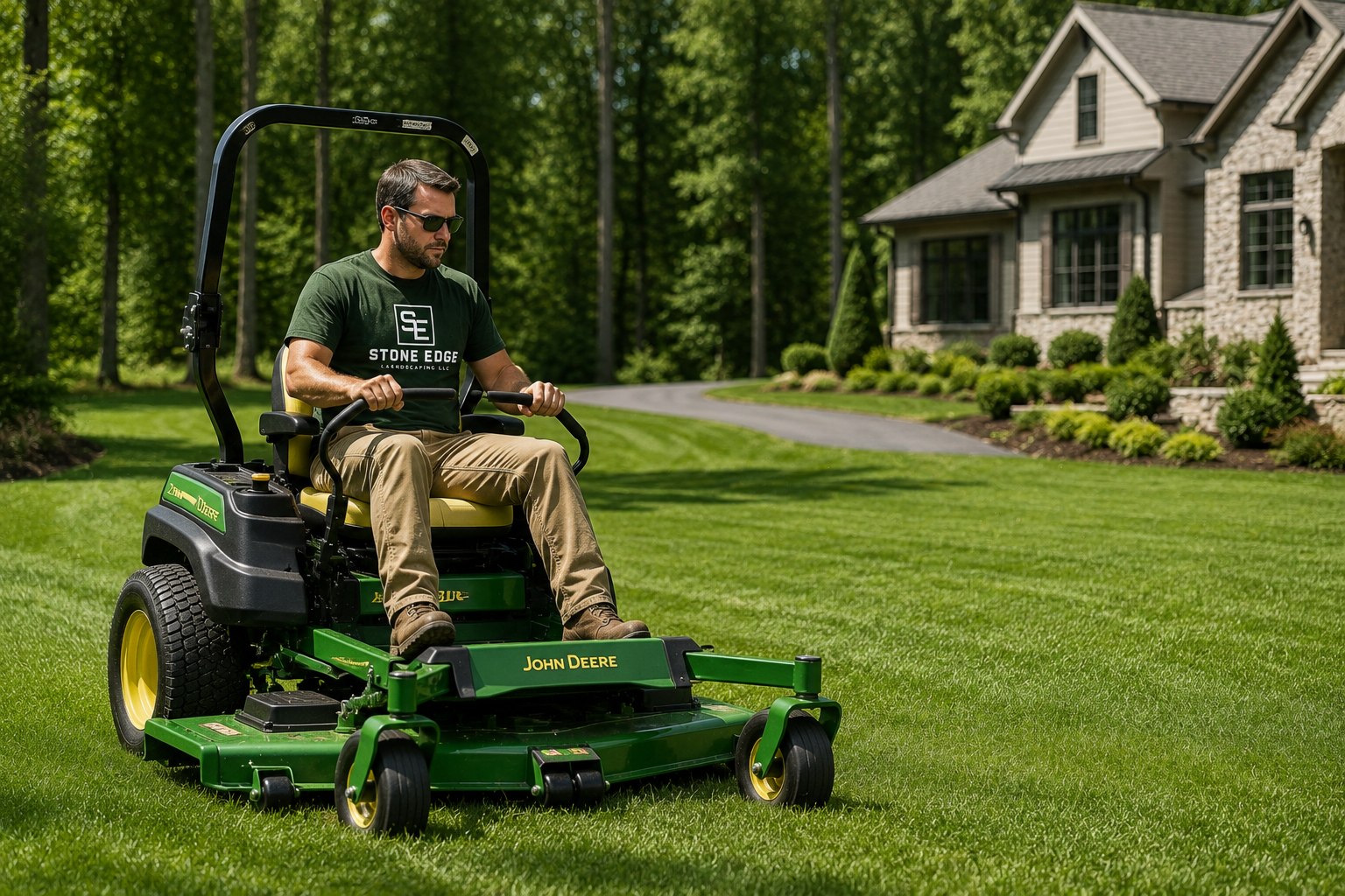 A man in sunglasses riding a green John Deere lawn mower on a well-manicured lawn in front of a large house with landscaped garden.