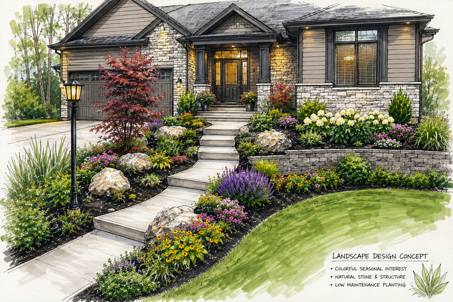 A watercolor illustration of a landscaped front yard of a house featuring a pathway with steps leading to the front door, colorful flower beds, shrubs, and a lawn, with a lamp post on the left and trees in the background.