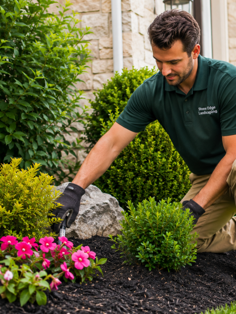 A man planting a shrub in a garden with pink flowers, various bushes, and a stone wall in the background.