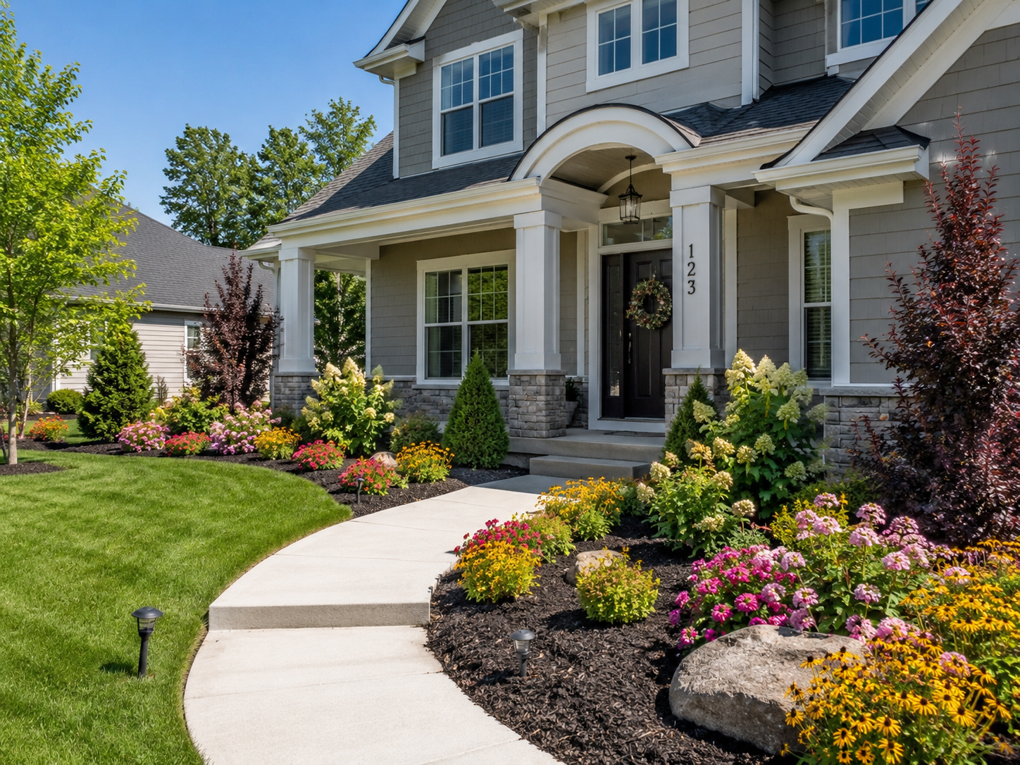 A two-story house with a well-maintained garden and colorful flowers along a curved concrete pathway leading to the front door. The house has light gray siding, white trim, and stone accents, with a black front door decorated with a wreath.
