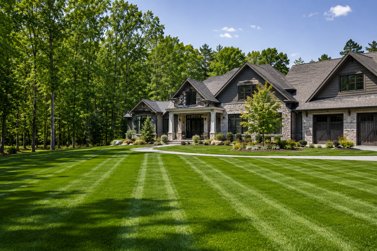 A large modern house with stone and wood siding, surrounded by well-maintained lawn and garden, set against a background of tall trees and a blue sky.