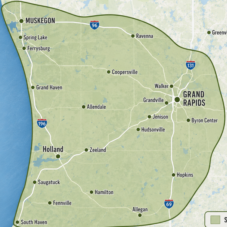 West Michigan landscaping service area map for Stone Edge Landscaping serving Holland MI, Zeeland, Grand Haven, Saugatuck, Grand Rapids, Jenison, Hudsonville, Byron Center, Muskegon, South Haven and nearby communities