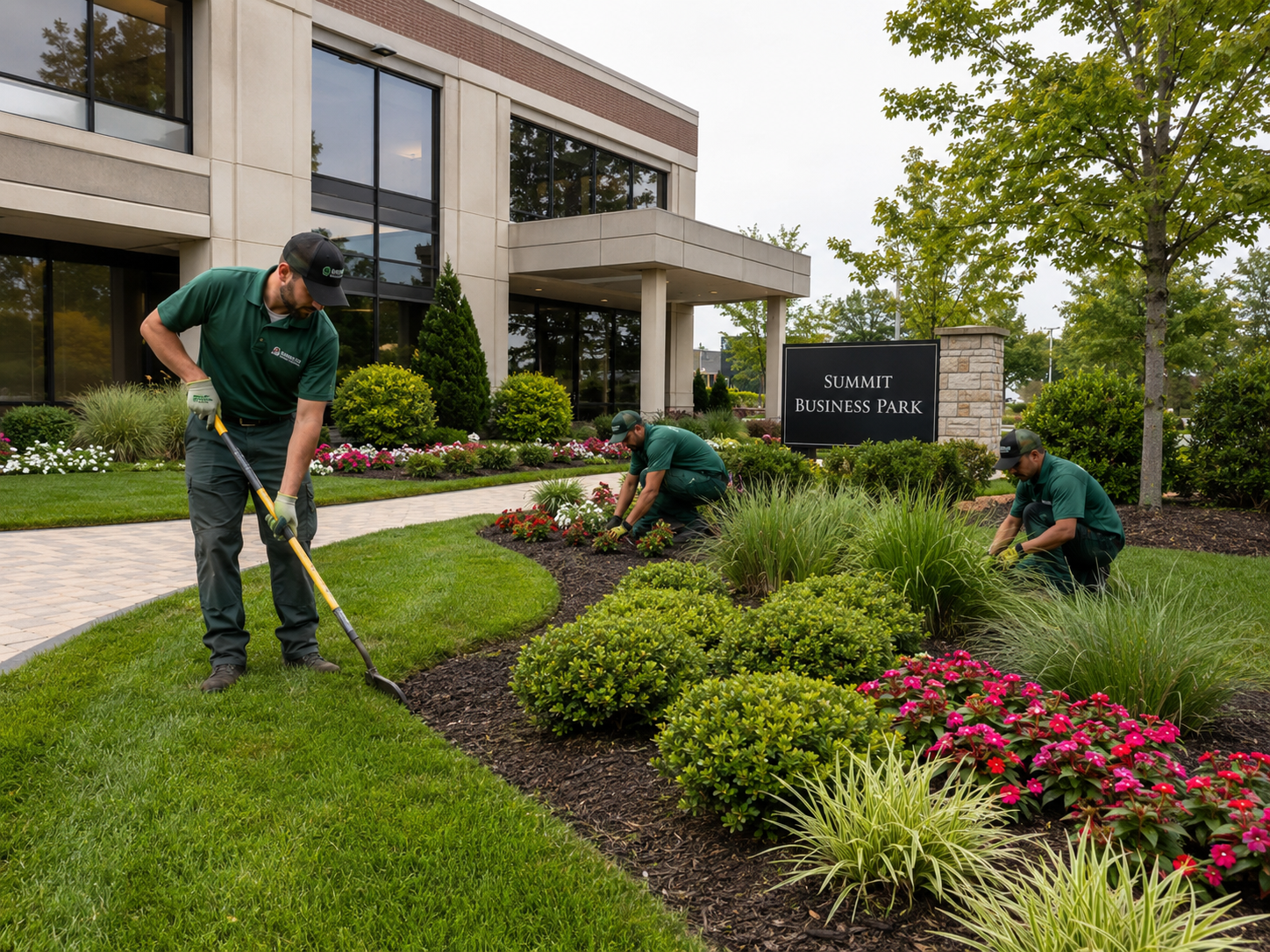 Three workers planting and maintaining flowers and shrubs in a landscaped area outside a building at Summit Business Park.