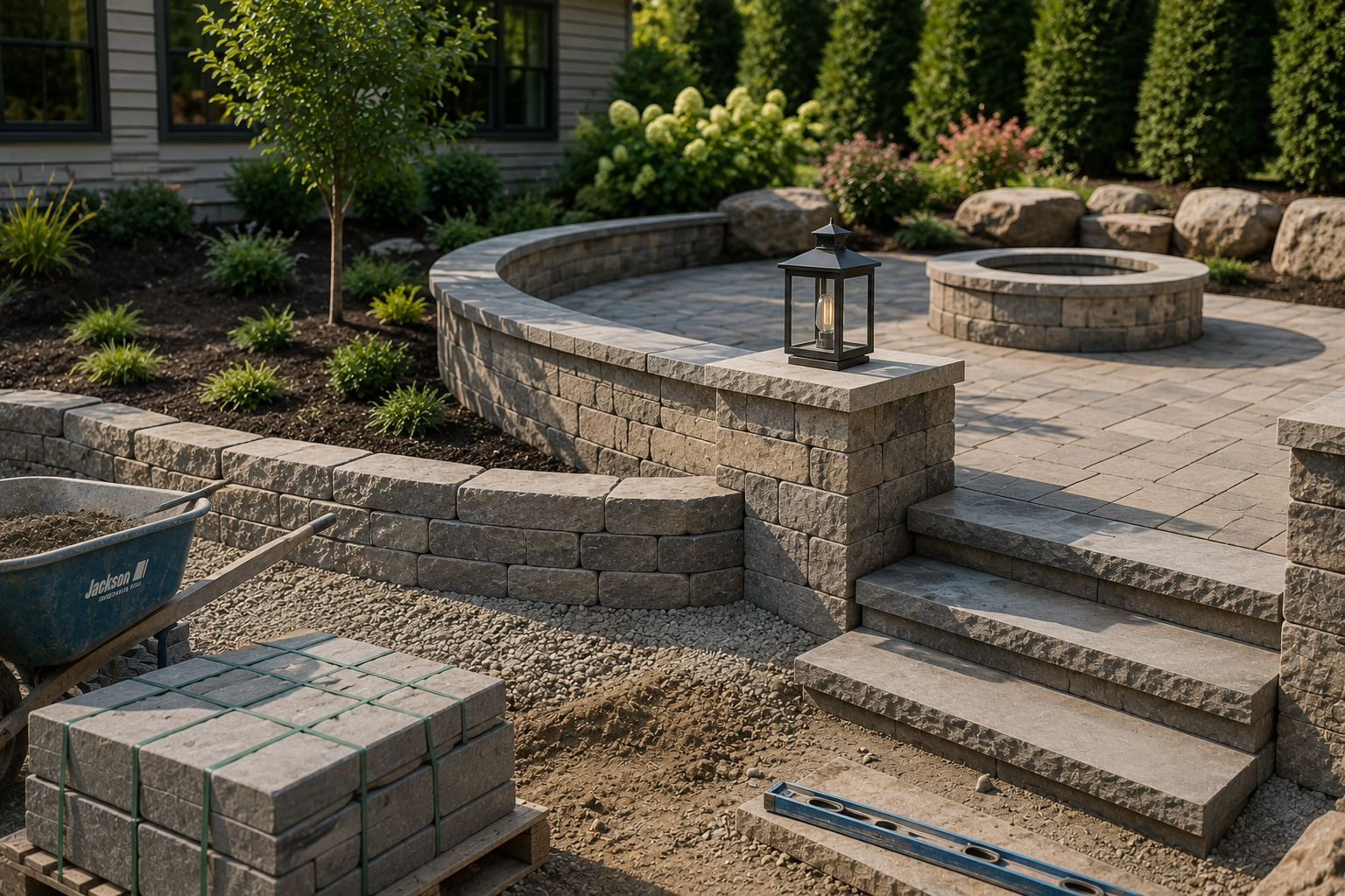 A backyard patio under construction with gray stone steps, a curved stone retaining wall, and a circular fire pit. There is a black lantern on the wall. The area is landscaped with shrubs, flowers, and a small tree, with a house in the background.