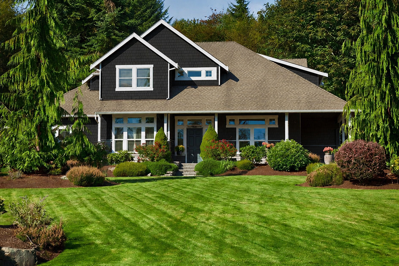 A large modern house with dark exterior siding and white trim, surrounded by a well-maintained lawn and colorful shrubbery, with trees in the background.