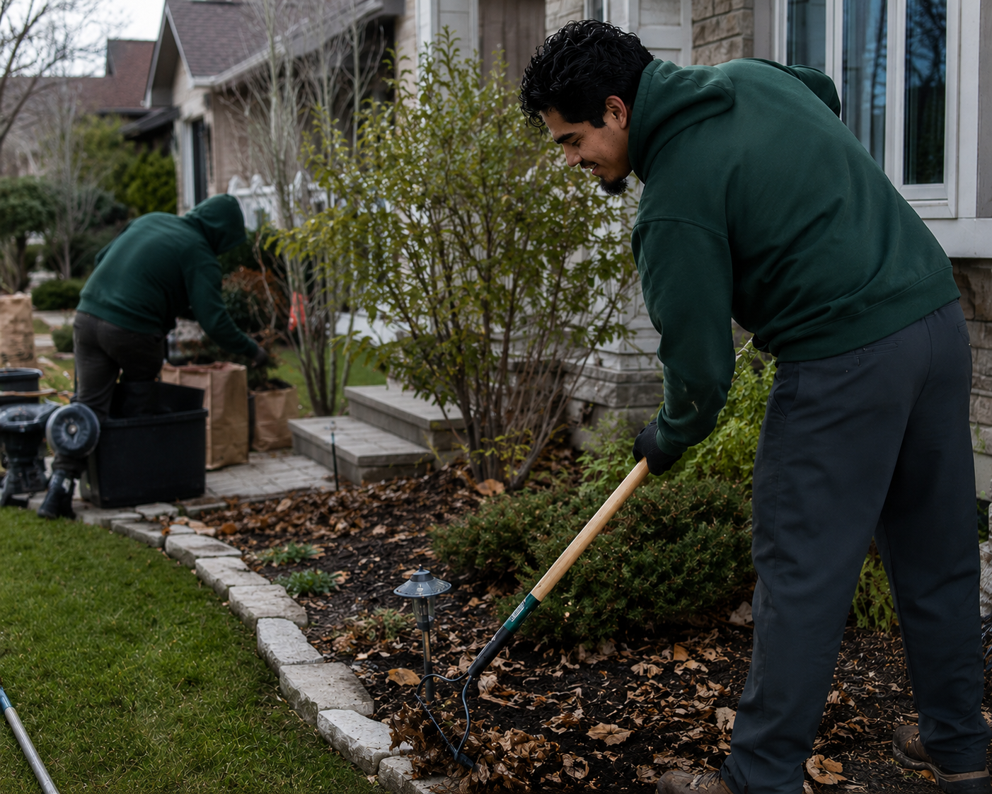 Two men gardening in a backyard. One man is using a rake to clear leaves from the flowerbed, and another is preparing soil or planting.