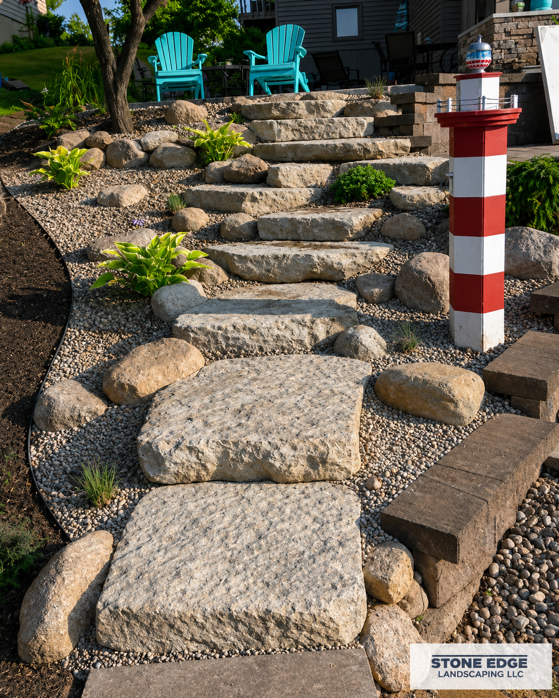 Stone pathway with large and small stones, bordered by plants and rocks, leading to a blue seating area with two Adirondack chairs and a staircase in the background.