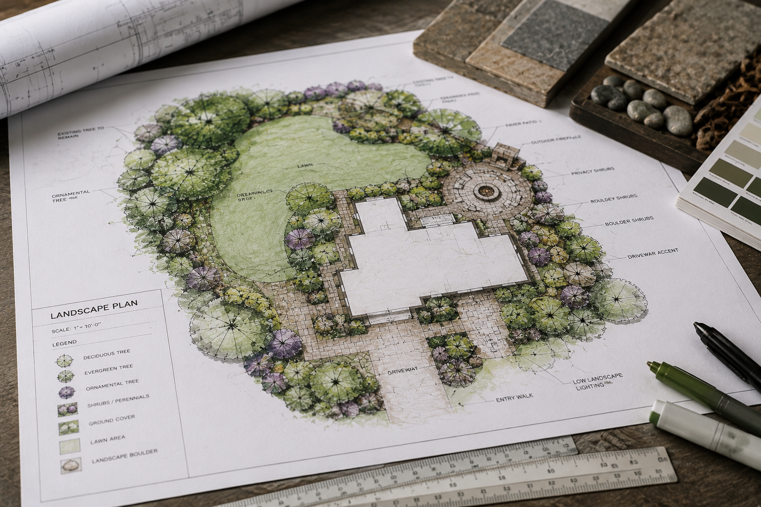 Landscape architectural plan of a house with surrounding trees, lawn, driveway, entry walk, and outdoor features, color-coded and labeled with legend.