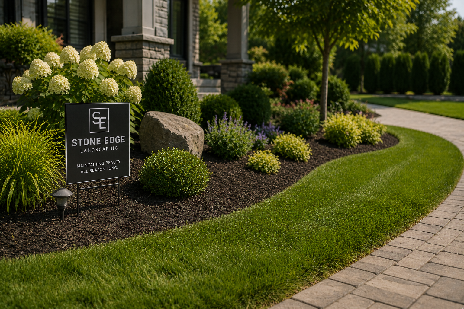 A landscaped garden with a variety of plants, including white hydrangeas, green bushes, and small purple flowers, with a sign that reads "Stone Edge Landscaping" in front of the plants, a large rock, and a curved brick walkway nearby.