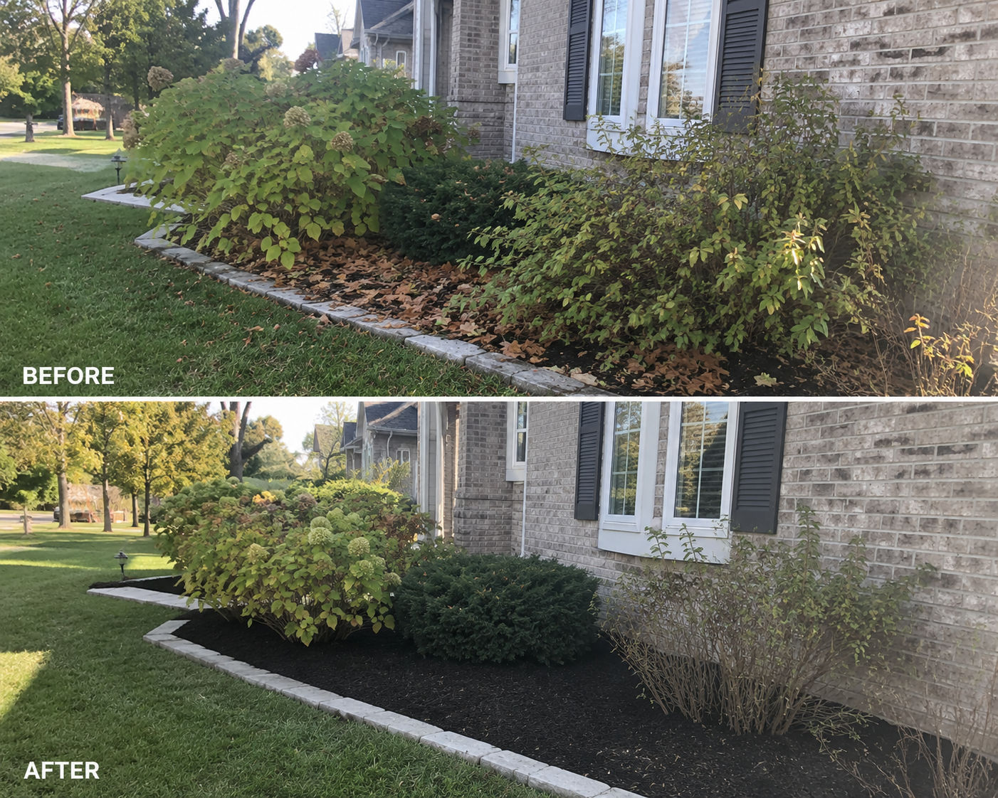 Comparison of a landscaped garden before and after mulching: in the before image, overgrown bushes and dead leaves are visible; in the after image, the bushes are trimmed and the bed is freshly mulched with black mulch.