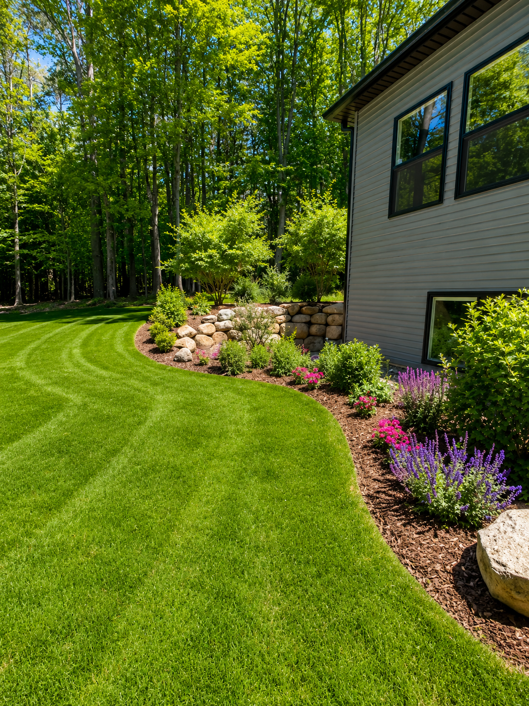 A well-manicured backyard with lush green grass, edged with colorful flowering plants, small shrubs, and large rocks, next to a house with siding and large windows. There is a wooded area with tall trees in the background.