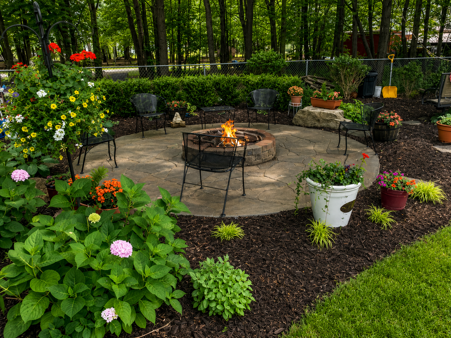 Outdoor garden with a fire pit surrounded by black metal chairs, colorful potted flowers, and lush greenery.