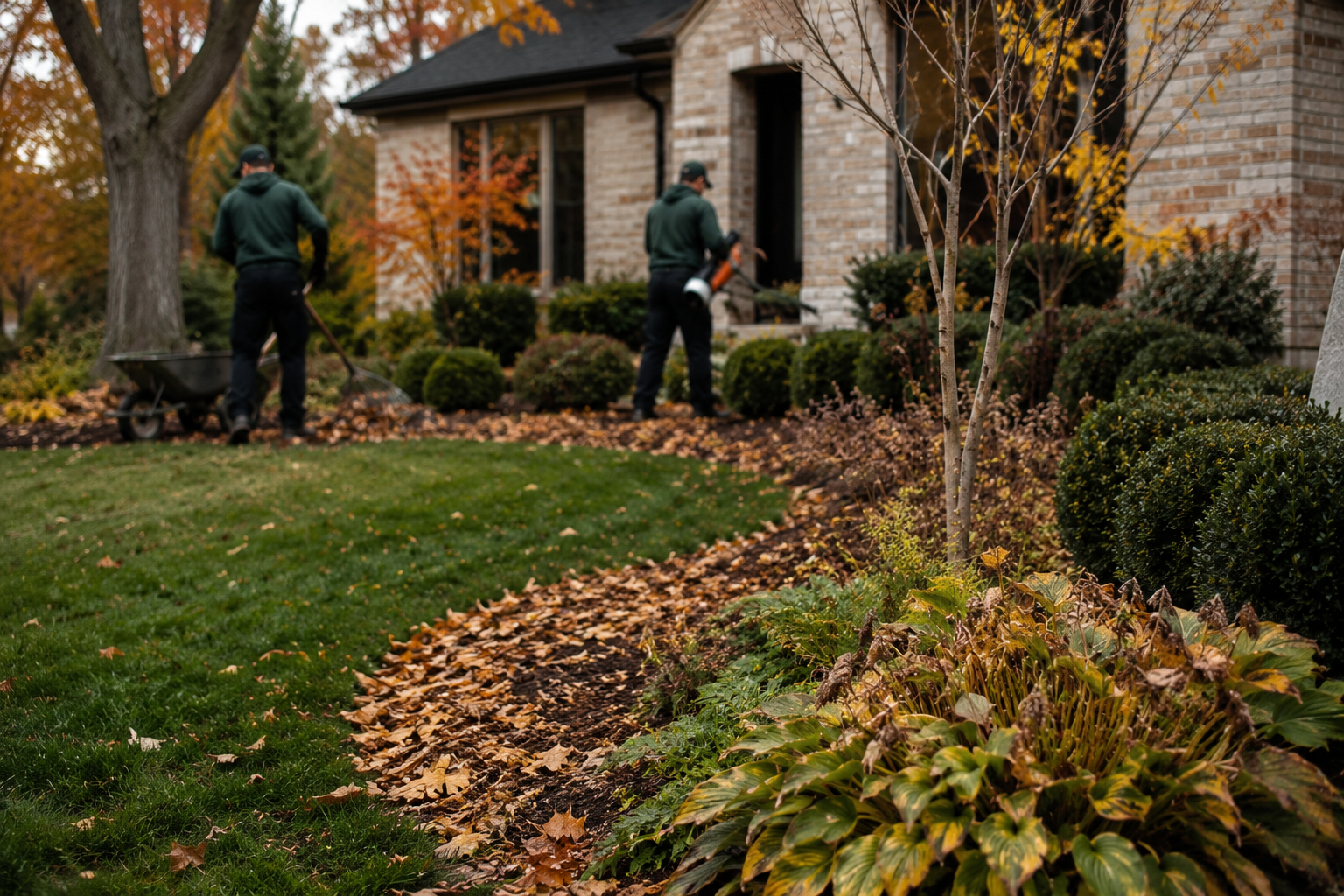 Two workers cleaning fallen leaves from the garden of a brick house with landscaped bushes and trees during autumn.