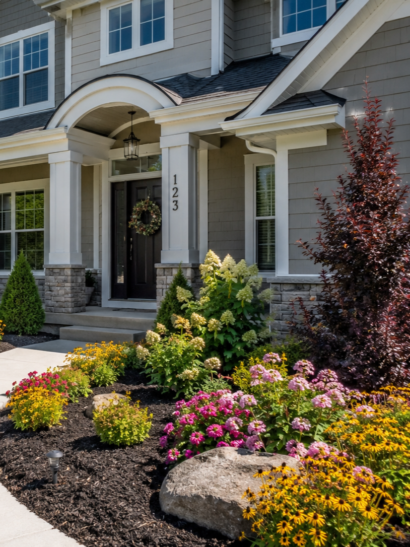Front door of a house with house number 123, decorated with a wreath, surrounded by colorful garden flowers, bushes, and landscaping, with a concrete walkway leading to the entrance.
