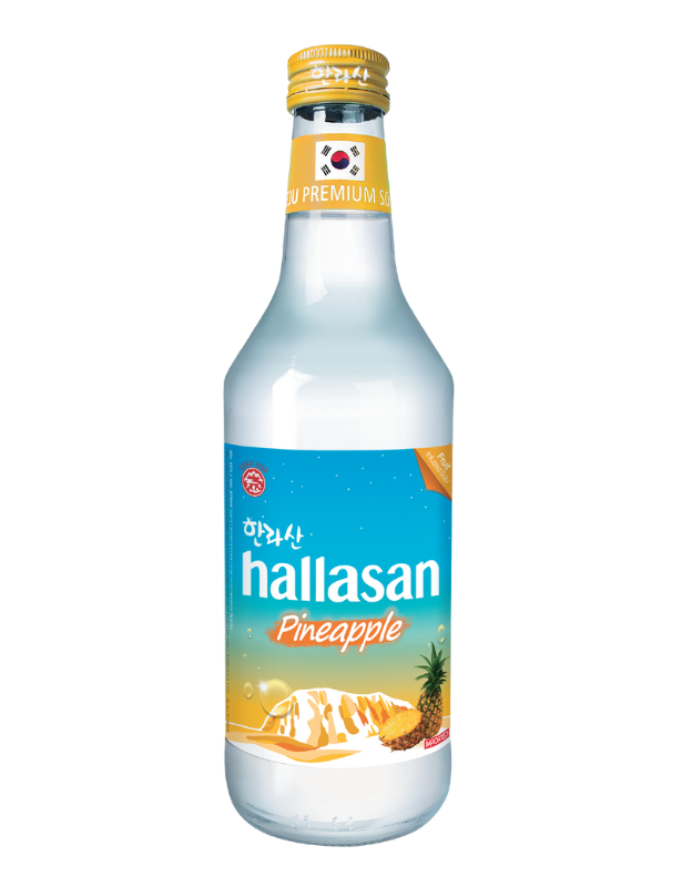 A clear glass bottle of Hallasan pineapple flavored soda with a yellow cap, featuring a label with a blue sky, pineapple illustration, and the South Korean flag.