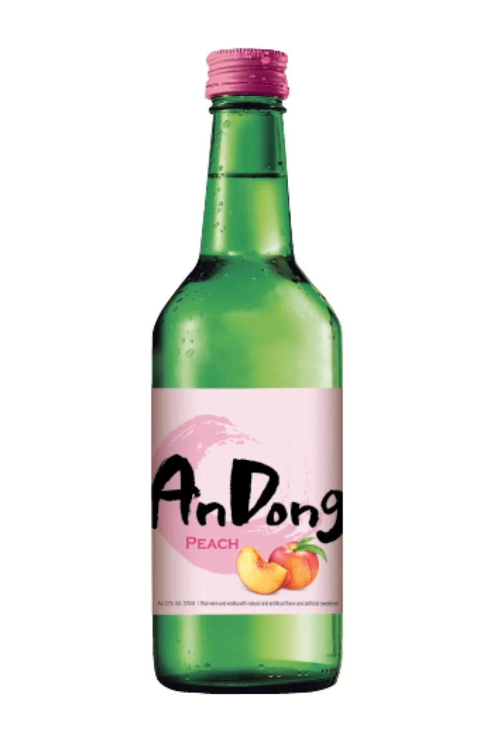 A green glass bottle of Andong Peach flavored beverage with a pink label featuring peach illustrations.