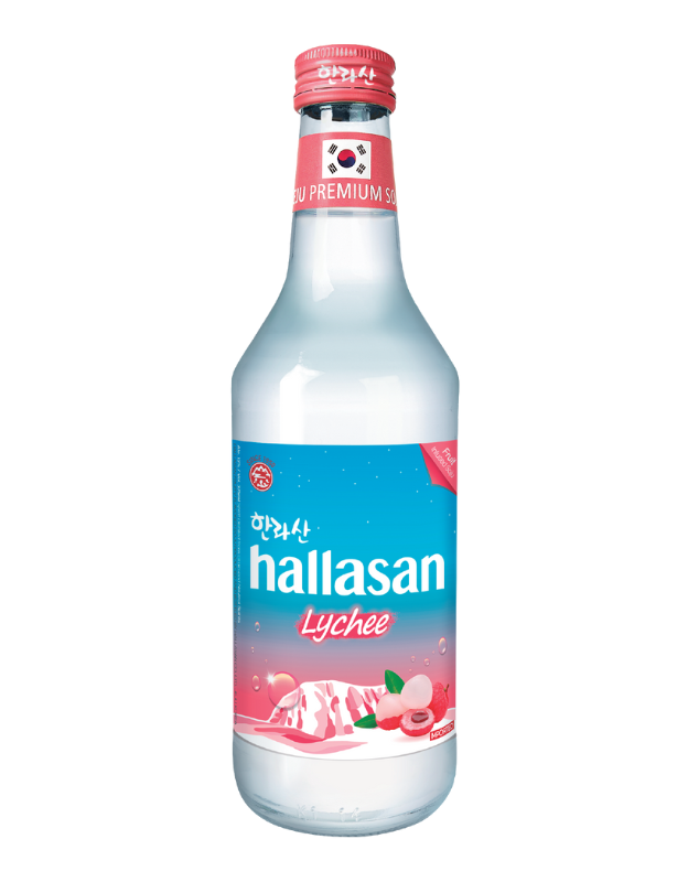 A clear glass bottle of Hallasan Lychee flavored beverage with a red screw cap, featuring a blue label with Korean writing, a picture of lychee and lychee-flavored ice cream on the front.