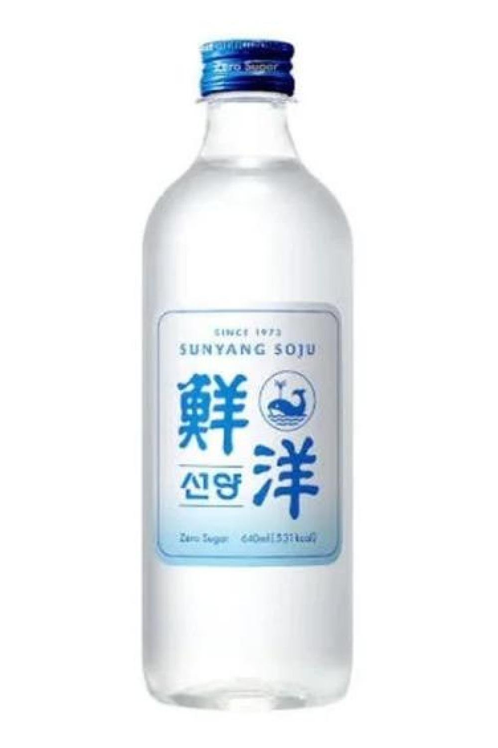A clear plastic bottle of Sunyang Soju with a blue cap, featuring a white label with blue Korean characters and a whale logo.
