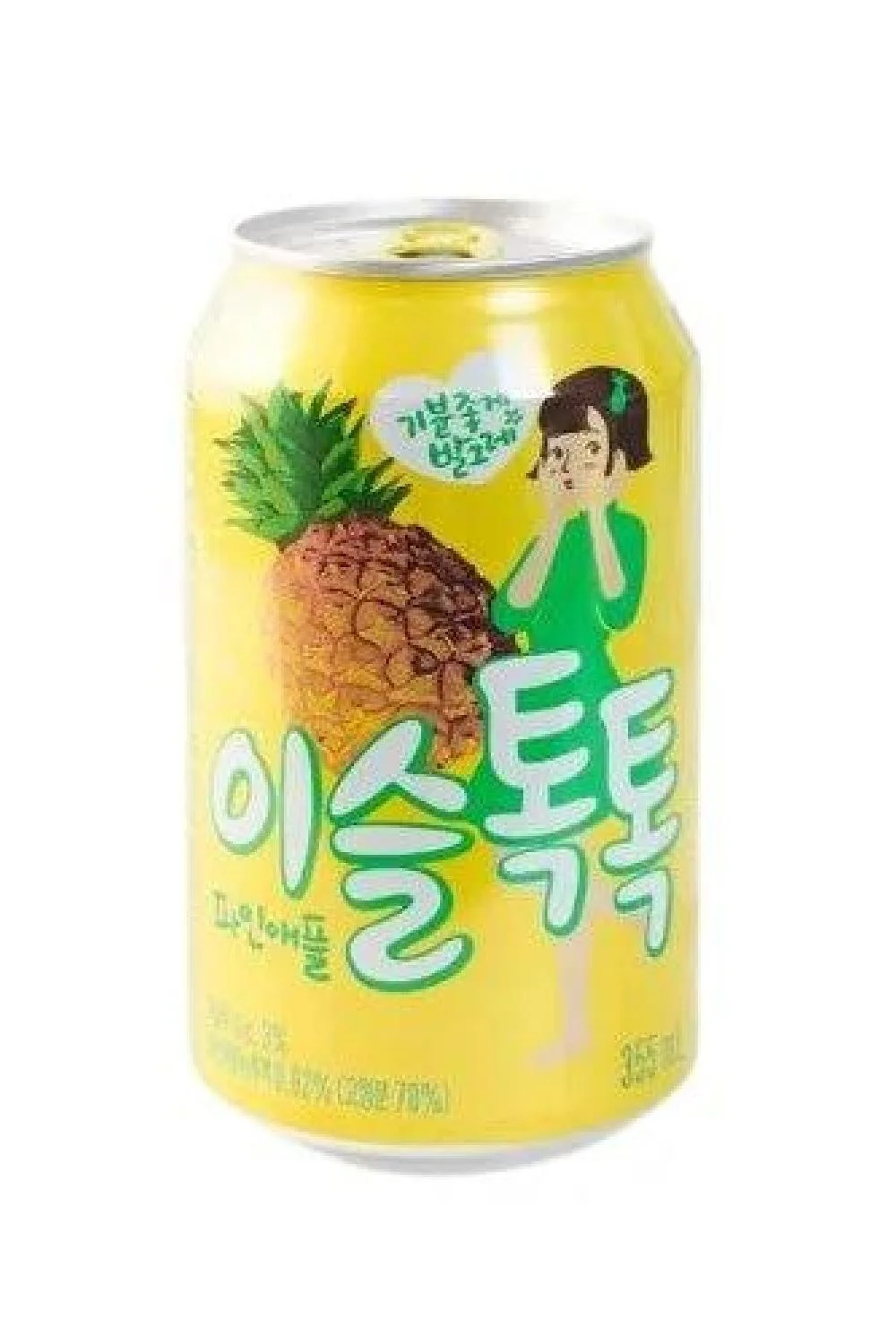 A can of pineapple flavored beverage with Korean text, a cartoon girl, and a picture of a pineapple on a yellow background.