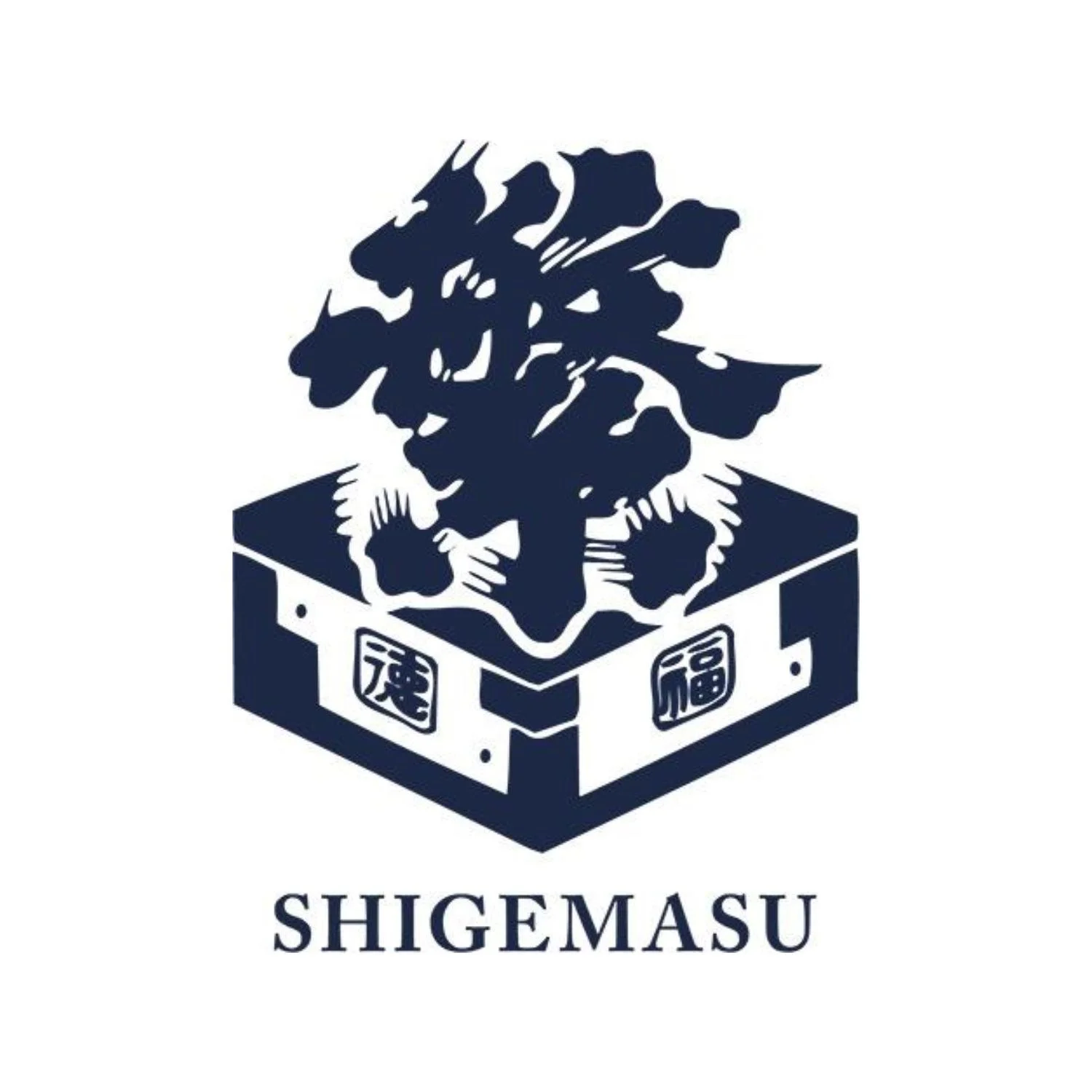 A stylized illustration of a fox or wolf's head in dark blue, emerging from a box labeled with Japanese characters, with the word 'SHIGEMASU' below it.