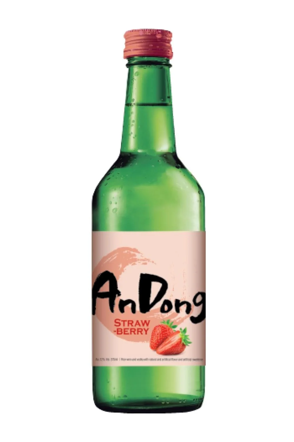 Green glass bottle with a pink label featuring strawberries and the text 'AnDong STRAWBERRY' in black and red.
