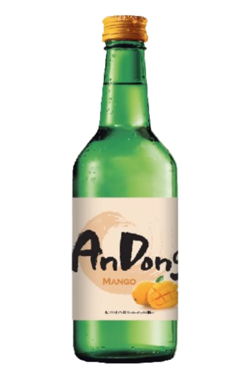 Green glass bottle of AnDong Mango drink with a beige label, black handwritten-style text, and an image of a mango on it.