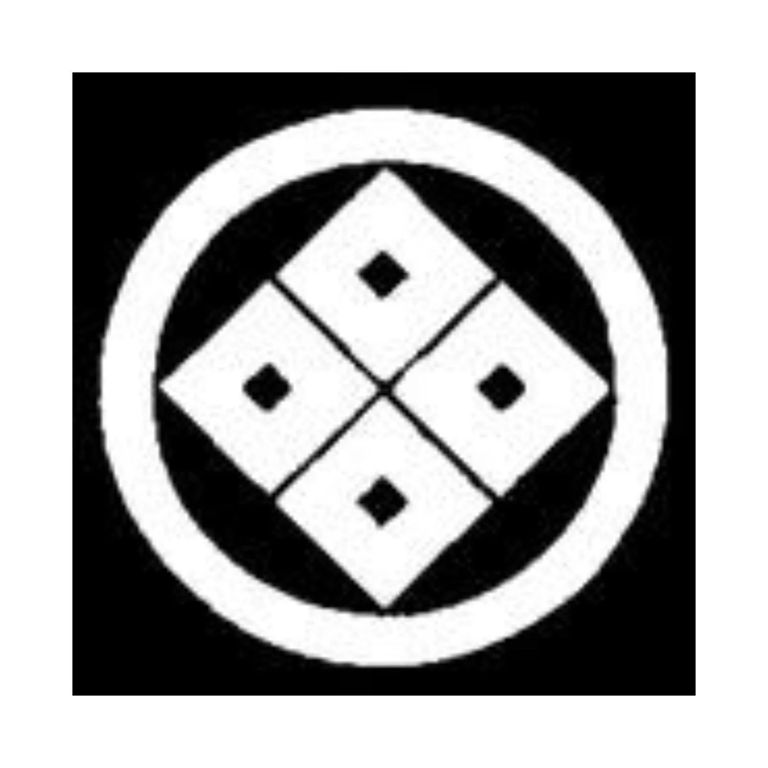 Black and white circular geometric design featuring four interconnected squares with small diamond shapes inside.