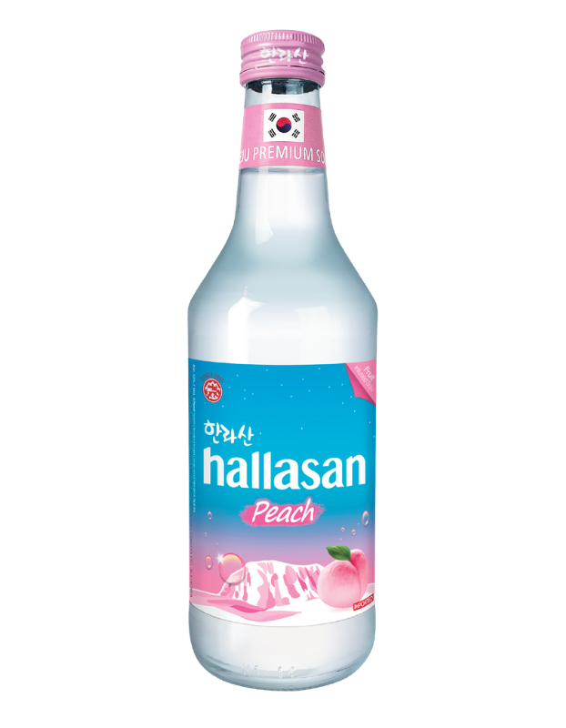 A clear glass bottle of Hallasan Peach flavored beverage with a pink screw cap, pink and blue label, and a peach graphic, showing Korean writing and a small flag of South Korea.