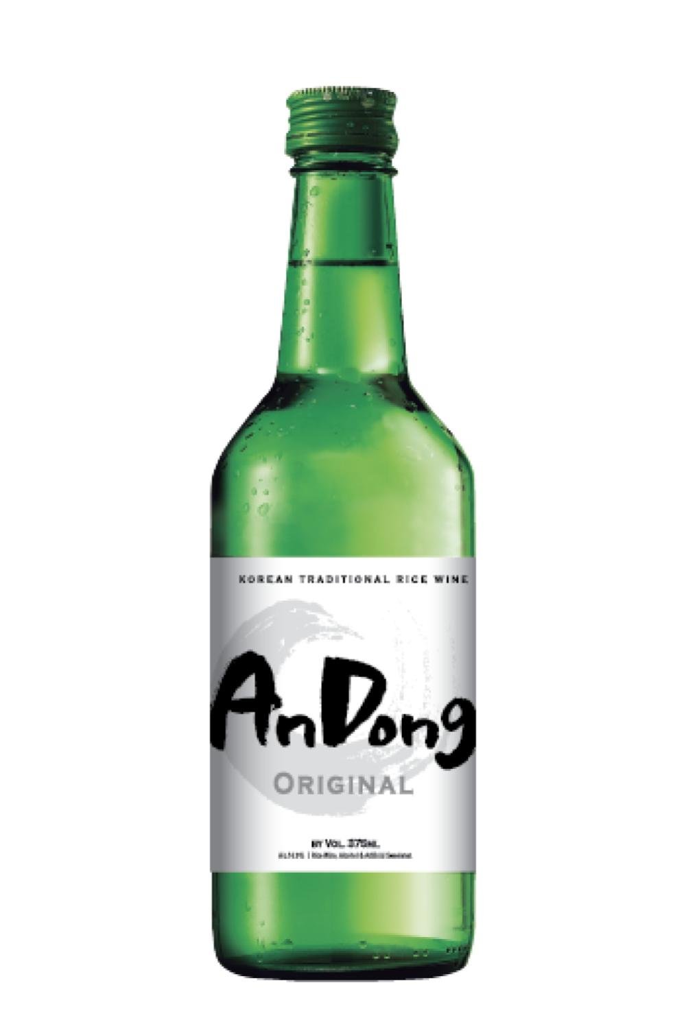 A green glass bottle of Korean traditional rice wine labeled AnDong Original.