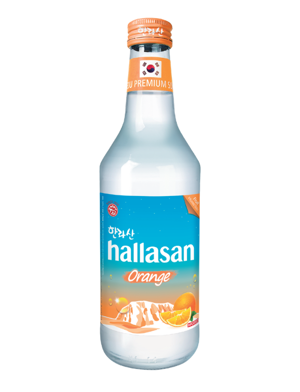 A clear glass bottle of Hallasan Orange soda with an orange lid and label, featuring orange slices and mountain imagery.