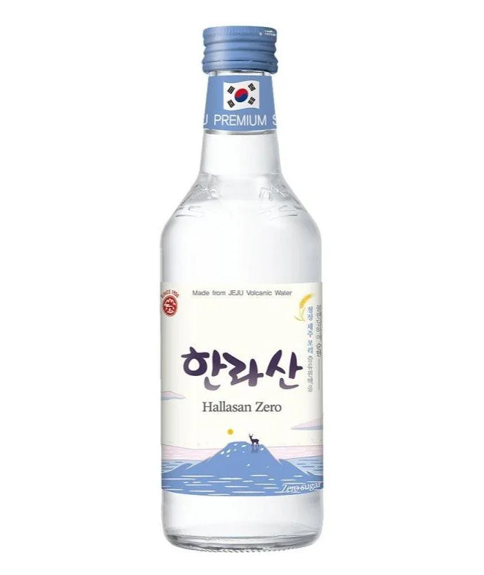 A bottle of Hallasan Zero, made from Jeju volcanic water, with Korean writing on the label and a mountain illustration.