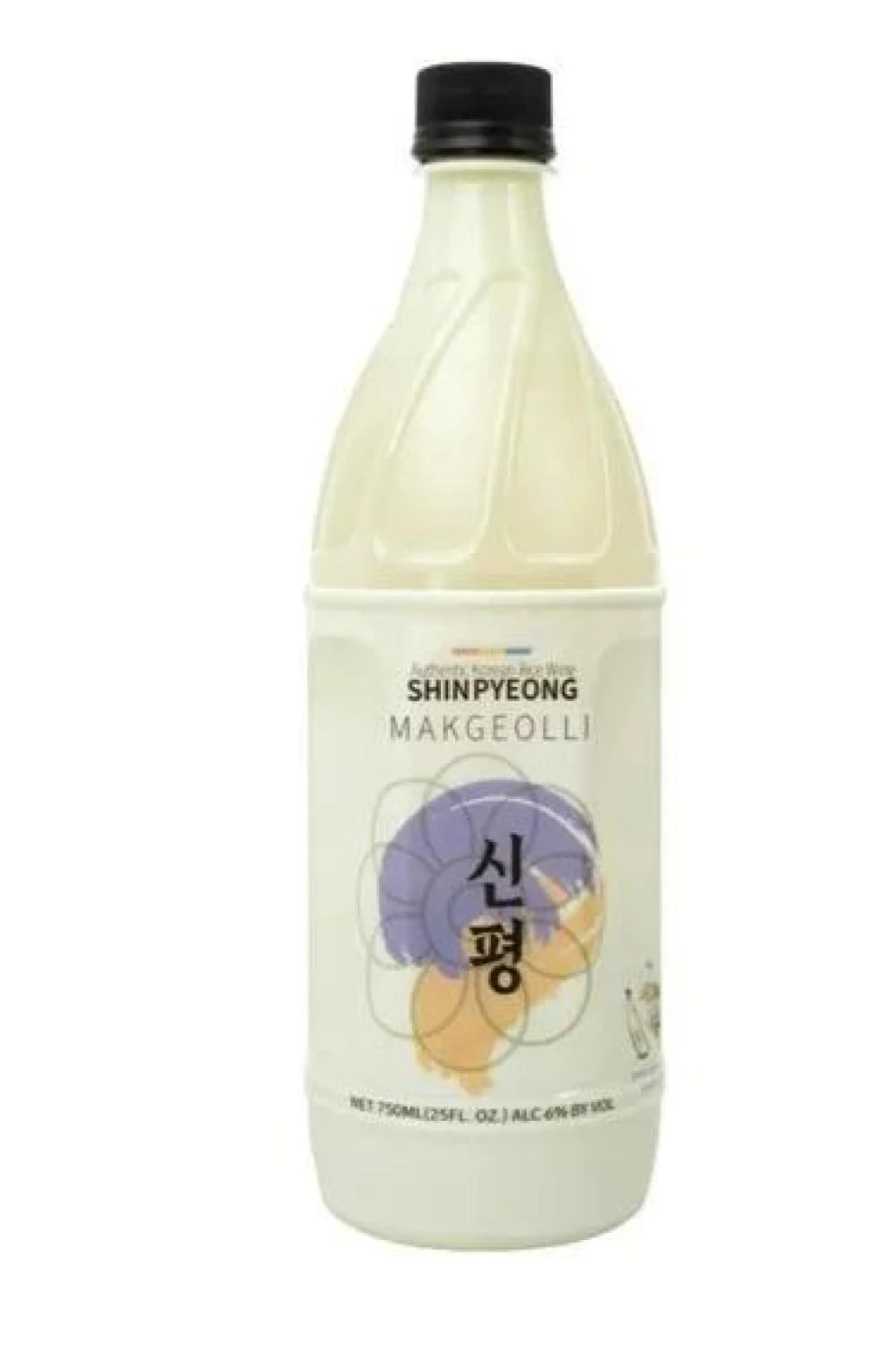A plastic bottle of Shinpyeong Makgeolli, a Korean rice wine, with a white label featuring purple and orange illustrations and Korean text.