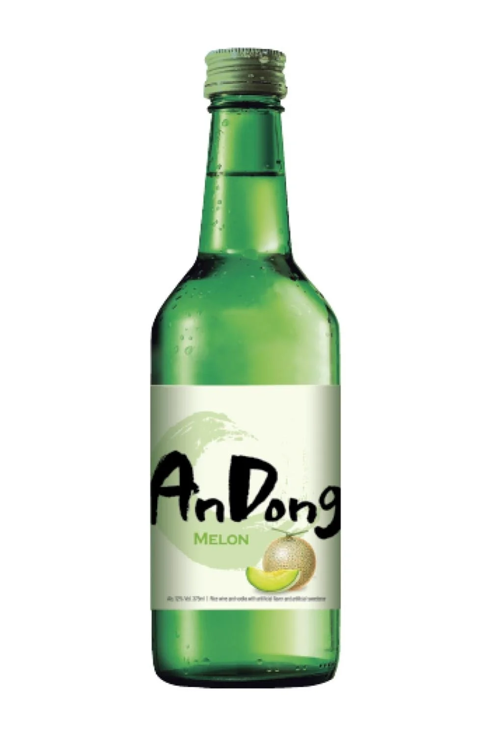 A green glass bottle of melon-flavored beverage with a white label displaying the brand name 'AnDeng' and an illustration of a melon with a slice cut out.