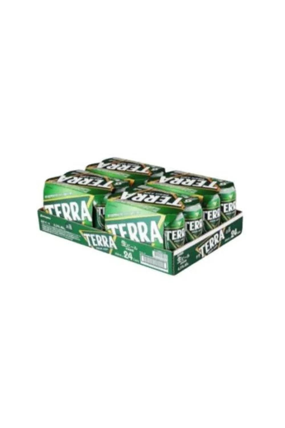 A display of multiple cans of Terra mineral water in green packaging.