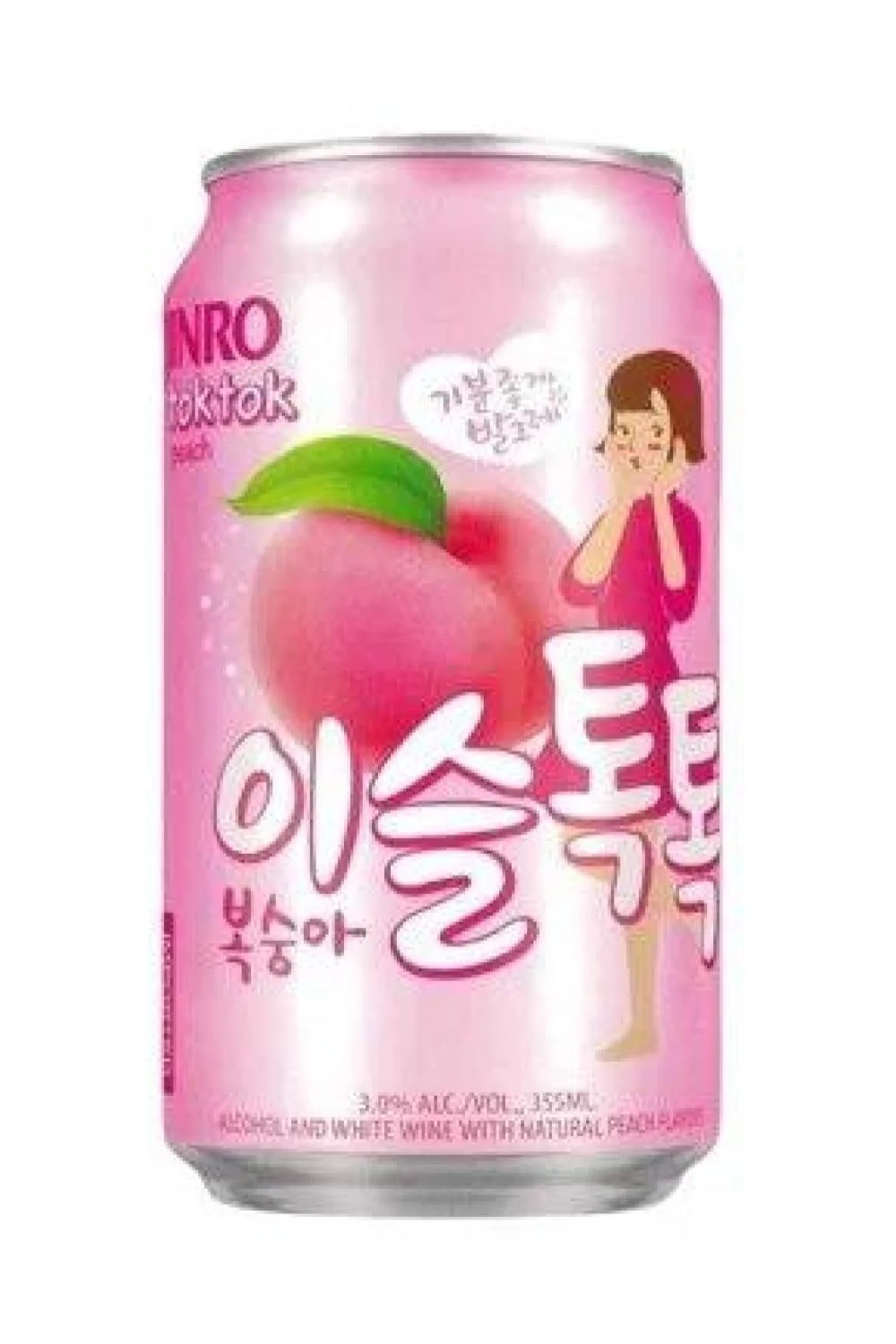 A pink can of Korean alcohol beverage with a peach illustration, a woman in pink, and Korean text on the label.