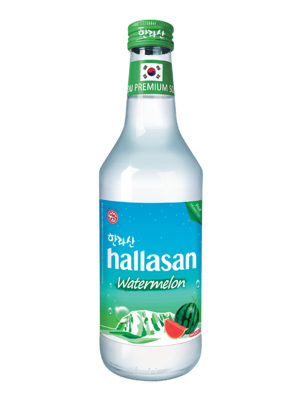 A clear glass bottle of Hallasan watermelon flavored beverage with a green cap, a blue label, and images of a watermelon and watermelon slices.
