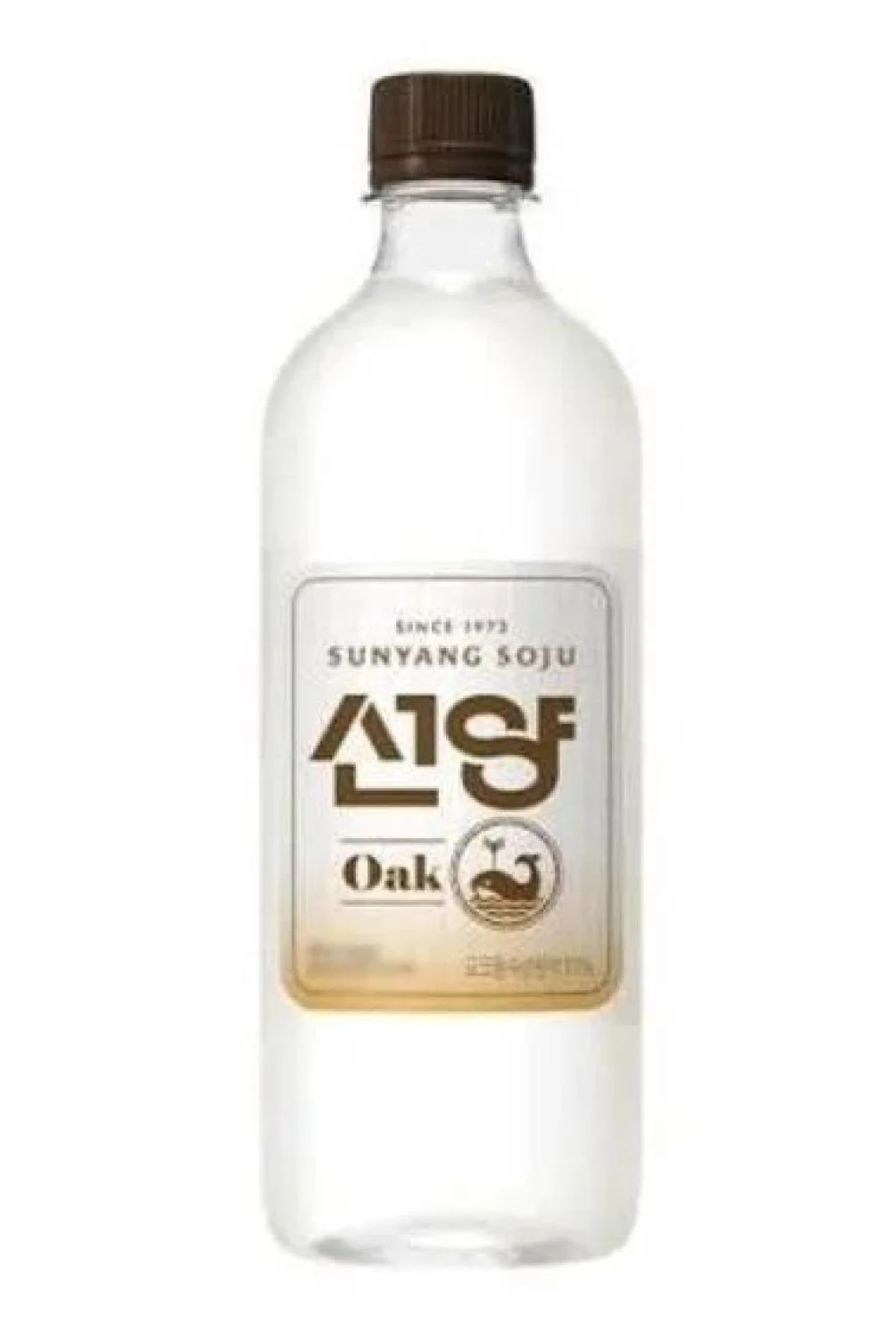 A clear glass bottle of Sungnyang Soju with a brown cap and a white label with brown and gold text and logo.
