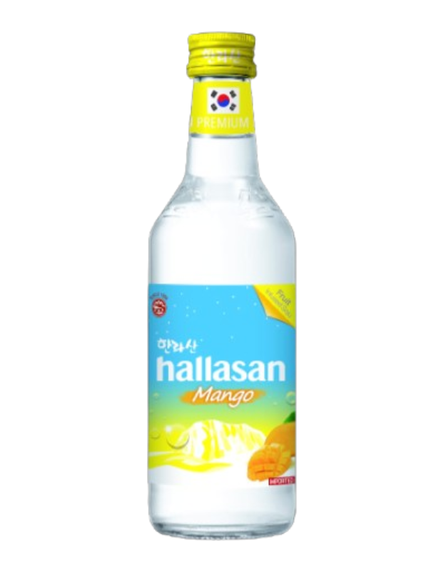 A clear glass bottle of Hallasan Mango flavored water with a yellow cap, featuring a blue label with Korean text, mango imagery, and a mountain illustration.