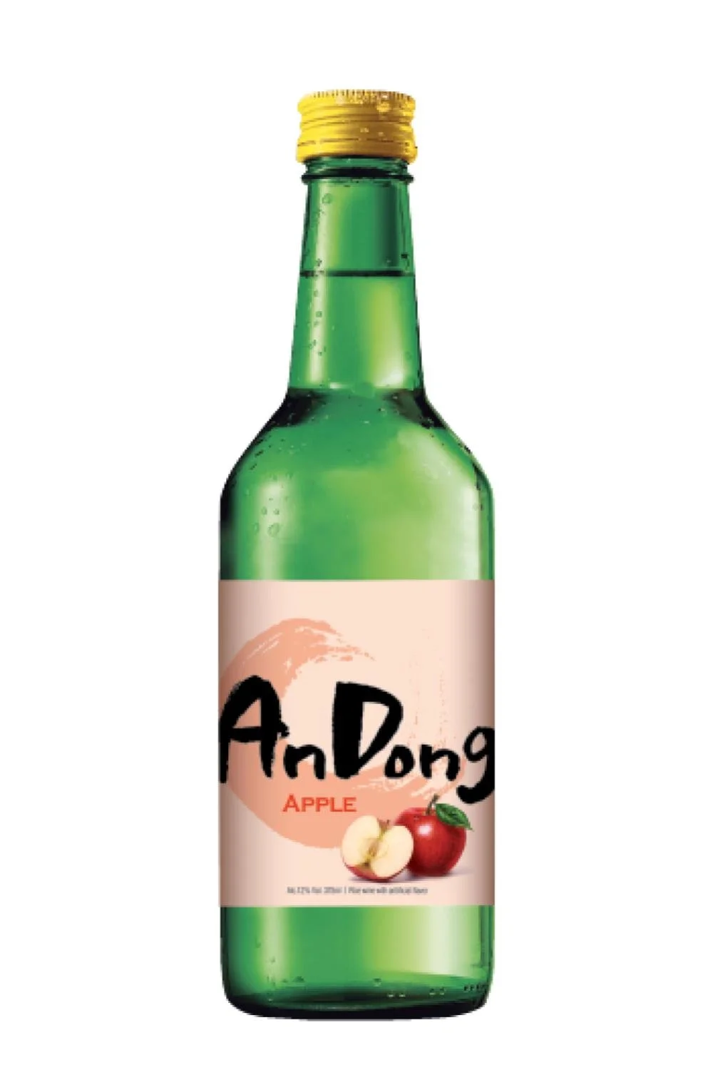 A green glass bottle of apple flavored beverage with a yellow cap and a label featuring apples and the brand name 'AnDong'.